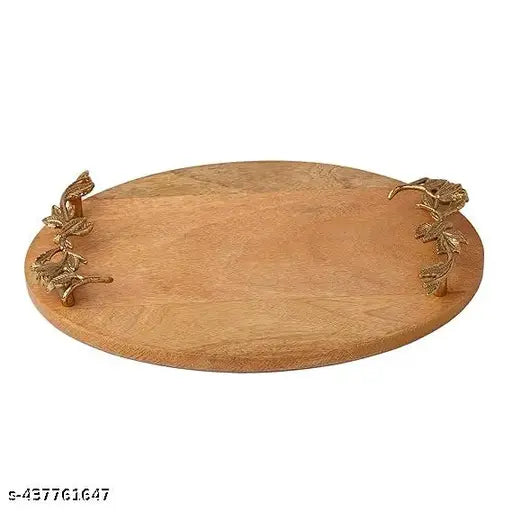 Oval Mango Wooden Gifting Tray Natural Finish with Handcrafted Gold Casting Handles Decorative Platter