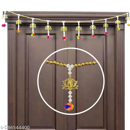 Fancy Festive Toran Golden Lotus Beaded Toran with Colorful Pom-Poms | Decorative Door Hanging for Home, Mandir & Festival Decoration
