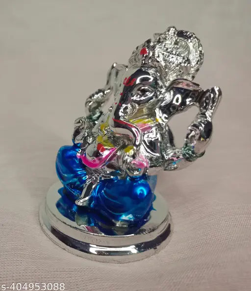 Silver Plated Finish Resin Ganesha with Blue Dhoti for Car Dashboard & Home Decro & Pooja Room, Lord Ganesha/Ganesa/Ganapati/Vinayakar/Pillayar Showpiece for Car Dashboard/Hindu Religious Ganesh figurine/Idol (Blue color dhoti)
