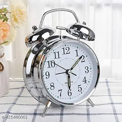 Table Clock Retro Twin Bell Metal Frame Alarm Clock With Night Backlight Function & Silent Motion, High Volume Bedside Luminous Alarm For Bedroom/Office (Silver Vintage) - Analog, 4.5 X 1.5 Inch