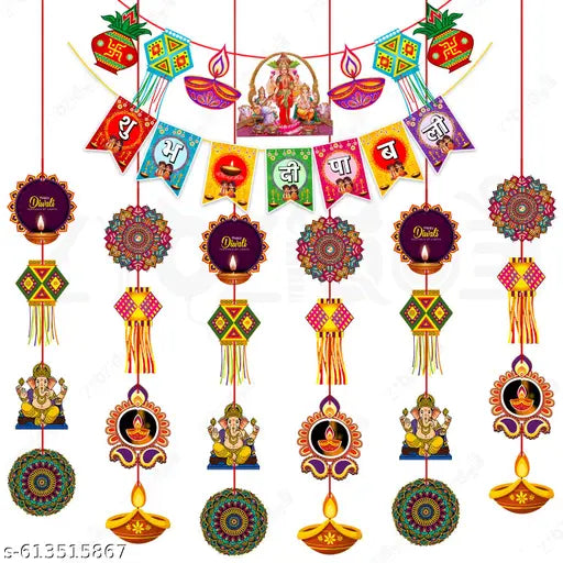 Zyozique® Diwali Festival Decorations Set, Paper Banner with Ganesha Motifs, Shubh Deepavali Paper Banner With Diya Motifs, Traditional Hanging Decor Cutouts Multicolor - Pack Of 35