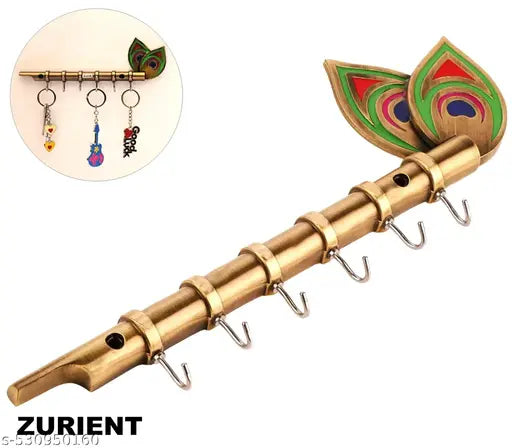 Krishna Flute Metal Key Holder with 6 Hooks | Brass Peacock Key Stand & Wall Mount Hanger | Home Decor Gift (23x6cm)