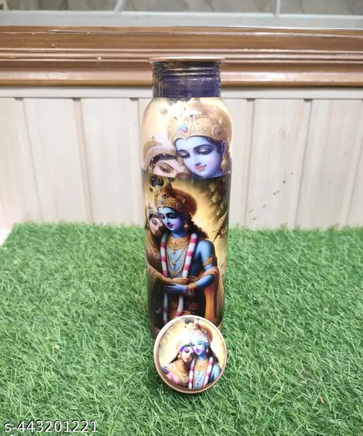 Pure Copper "Radha Krishna Meena multicololr Printed Premium Jointless Copper Bottle - 1000 ml | Handcrafted Elegance for Health and Style" SIZE : 10 X 3 INCHES