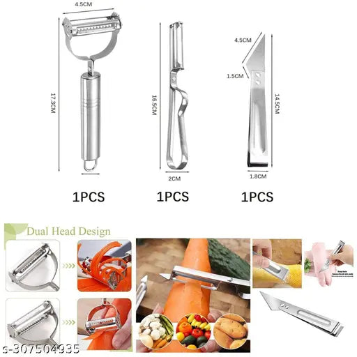 Stainless Steel Vegetable & Fruit Peeler Set with Meat Cutter, Julienne Slicer, and Shredder, Multi-Purpose Durable Razor Sharp Kitchen Tool for Potatoes, Carrots, Cucumbers (3 Pcs)1 x Stainless Steel Peeler 1 x Multi-Purpose Knife 1 x Stainless Steel Cli
