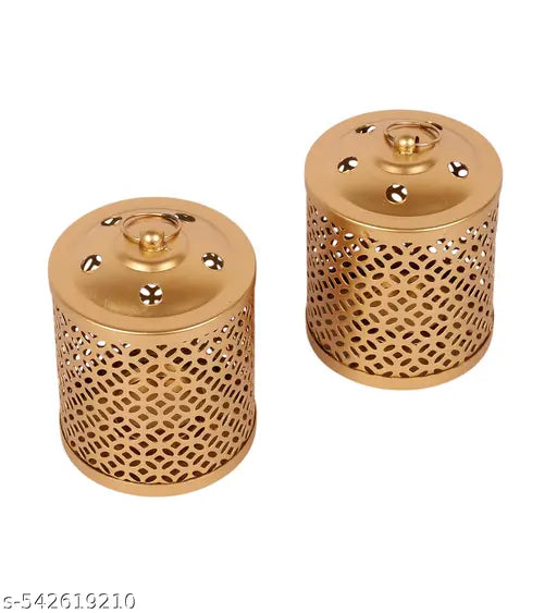 Set of 2 Gold Metal Tea Light Lanterns | Vintage Perforated Candle Holders for Home Décor & Festive Lighting