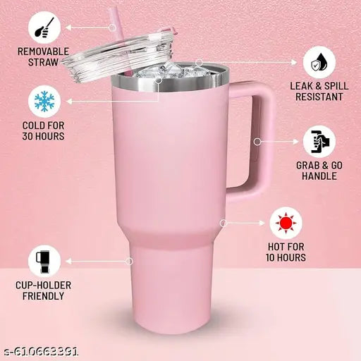 Tumbler Mug with Handle Straw & Lid | Insulated Reusable Stainless Steel Water Bottle | Leak Proof Mug for Office, Gym, Travelling 1200ml (Baby Pink)
