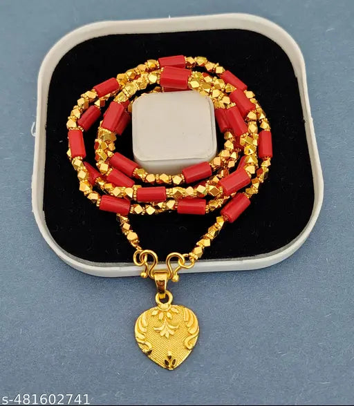One Gram Gold Plated  Corel Red Green Beads Necklace Chain Mala With Doller Heart Pendent 28 Inch Long For Women