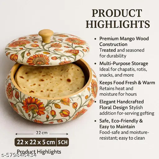 VANMAYA Handcrafted Wooden Chapati Box | Designer Wooden Roti Box with Lid | Multipurpose Hotpot Storage Box for Kitchen Dining | Insulated Wood Roti Container with Floral Print | Traditional Indian Kitchenware