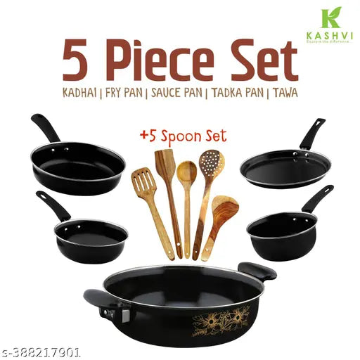 Kishi  Non-stick Cast Iron Cookware Set of 5 | Perfect for Kitchen & Home| (Fry Pan 24 Cm/1.5 L, Kadhai 26 Cm/3.5 Litres with lid, Tawa 25 Cm, Sauce Pan 17cm/1.0 Litres, Tadka Pan 17cm/0.6 Litres) + Wooden Spatulla | Induction Base