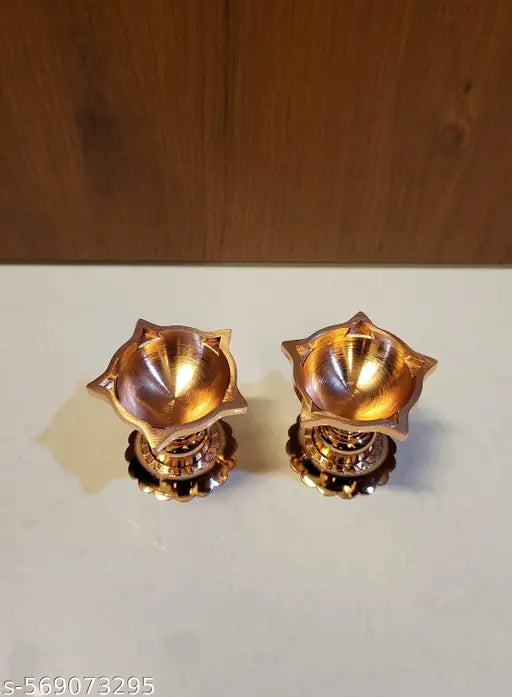 Premium Pure Pital Diya Set | 2 Pcs Traditional Brass Oil Lamp for Pooja