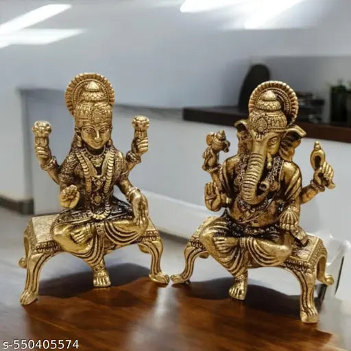 SJL Wax Casting Brass Lakshmi Gaanesh Idol for Tample,Home,Office & Car Dashboard Decorative Showpiece - 5 cm (Brass, Gold)