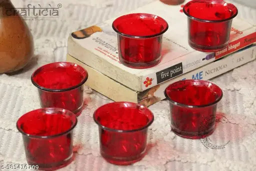 Articia Glass Tealight Candle Holder Decorative Votive Light Holders (6 X 6 X 5 cm, Set of 6, Red)