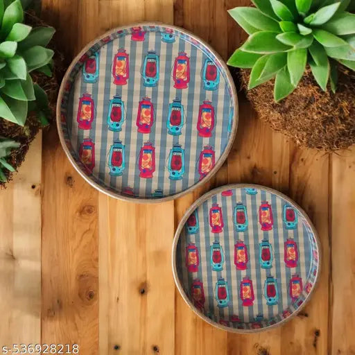 MADARKS Handcrafted MDF Decorative Round Trays – Set of 2 (9 & 7 Inch) | Printed Art Designs | Enamel Finish | Multipurpose Use