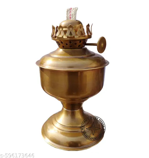 Antique Brass Designer Table Lantern Glass Oil Lamp Oil Chimney Home Decoration 9.5 x 3 Inches, Pack of 1 (KQCA) (Antique)