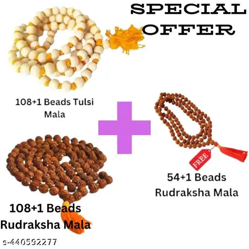 Pooja Artical 3 Combo 108+1 Beads Tulsi Mala, 108+1 Beads Rudraksha Mala,  54+1 Beads Rudraksha Mala (Free) (Pack of 1)