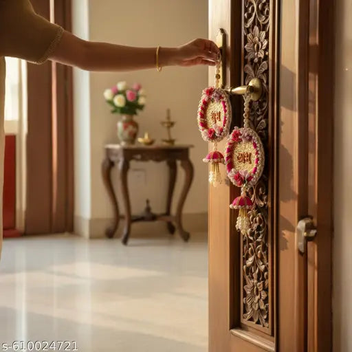 Diwali Special Handcrafted Shubh Labh Latkans Wall Hanging Item with Pearl Set | Diwali Pooja Mandir Decoration| ( Pack of 2 )