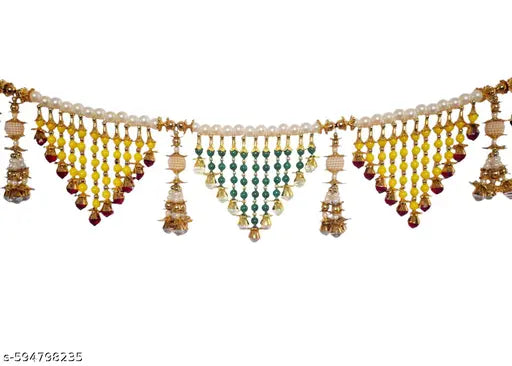 Tuski Traditional Pearl Beaded Toran Door Hanging | Decorative Wall Hanging with Yellow, Green, and Beads, Gold-Toned Accents Size 3-FT Multicolor