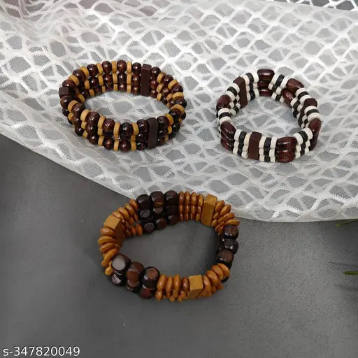 Combo pack of 3 Wooden Beaded Adjustable Stretchable Bracelet for Men and women pack of 3
