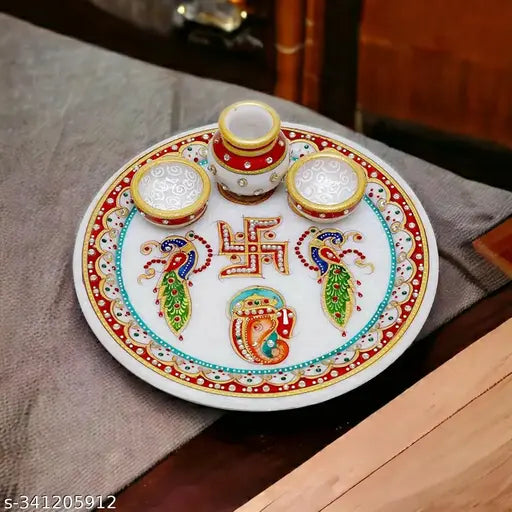 PCS Designer Decorative Marble Pooja Thali | Round Shape Handicraft Home Decor Puja Plate Set with Printed Ganesha for Home and Office (Multicolor, 23x23x7.5
