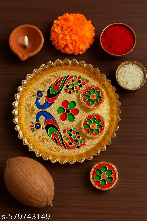 HOMETIC DECOR Pooja Thali Set  Peacock Printed  Handcrafted Meenakari Decorative Gold Plated Multicolor Puja Thali with Haldi  Kumkum Chandan Holders Ideal for Rakhi, Diwali,Home Mandir, Wedding Return Gift  Rakhi Gift for Bhabhi Festivals & Daily Prayer