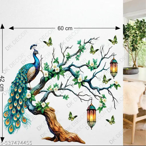 WINNING CRAFT  Peacock Wall Sticker Home Decoration | Colorful Peacock Decal Living Room | Elegant Wall Art Sticker Hanging Lanterns