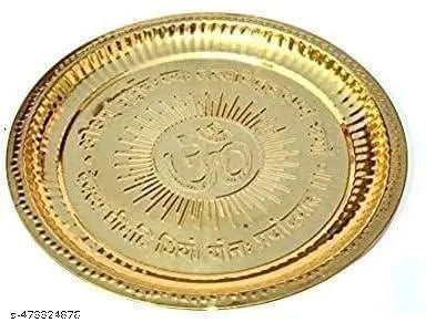 Brass Handmade Pooja Thali/Plate with Om Symbol and Gayatri Mantra in Center (Size- 7 Inch) - Religious Gift Item (Festival/Diwali Gift...