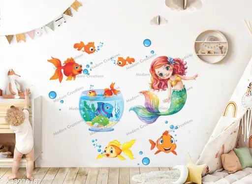 Big Size Marmid With Gold Fishes Wall Sticker
