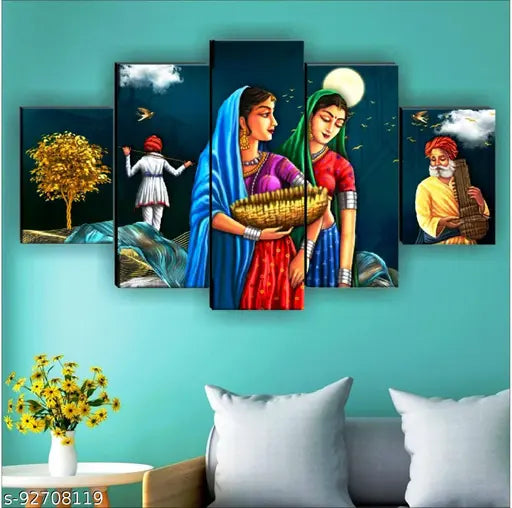 Set Of 5 Rajasthani Traditional Wall Painting With Frame For Home Decoration , Living Room Office , Hotel (76 X 45 CM ) Multicolor , Theme : Religious