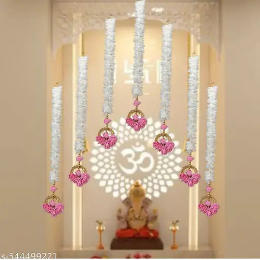 SAARATHI HANDMADE Decorative Toran Wall Hanging, 60 cm, White gajara  with Pink Roses.