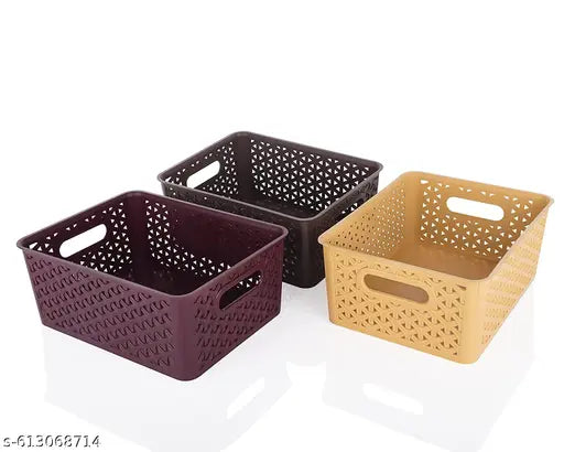 3 Pcs Plastic Storage Organizers Without Lid Strong Plastic Material & Side Grip for Home&Office Multipurpose Rectangular Shape Baskets For Fruits, Vegetables,Magazines,Cosmetics,Kitchen Tool