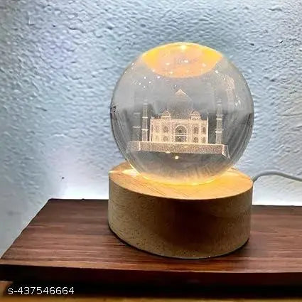 GEETA ENTERPRISES  3D Taj Mahal Crystal Ball USB Night Light, 6 CM Glass Ball Night Lamp with Woodern Base, Decorations Gifts for Men & Women Meditation or Relaxation