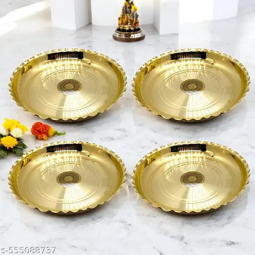 Pure Brass Puja Plate Combo Pack/Pooja Thali Set for Daily Rituals & Offerings (Pack of 4)