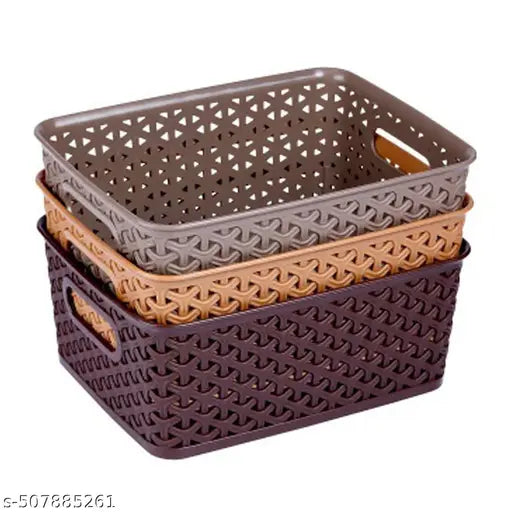 3 Pcs Plastic Storage Organizers Without Lid Strong Plastic Material & Side Grip for Home&Office Multipurpose Rectangular Shape Baskets For Fruits, Vegetables,Magazines,Cosmetics,Kitchen Tool