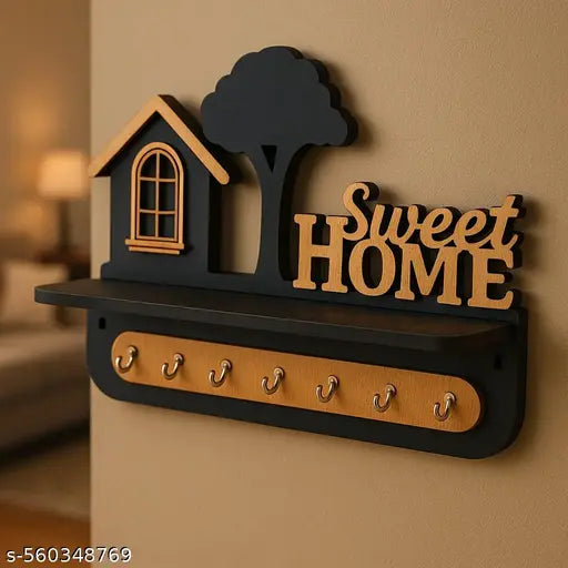 Attractive Premium Wooden Key Holder Cum Mobile Charging Holder with 7 Stainless Still Hooks .