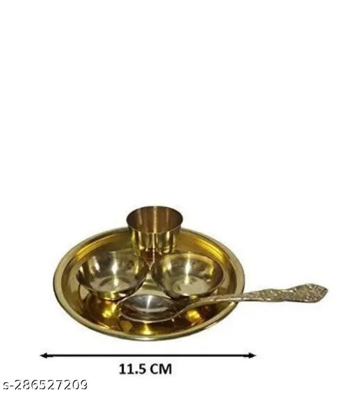Combo of 2 Pcs Brass Laddu Gopal Janmashtami Kanha Ji Bhog Thali Laddu Gopal Bhog Plate Thali Set Pooja Plates Thali 5 Pcs Set with 5 Face Puja Panch Aarti (2 no) Jyoti/Diya Stand, gold, Standard