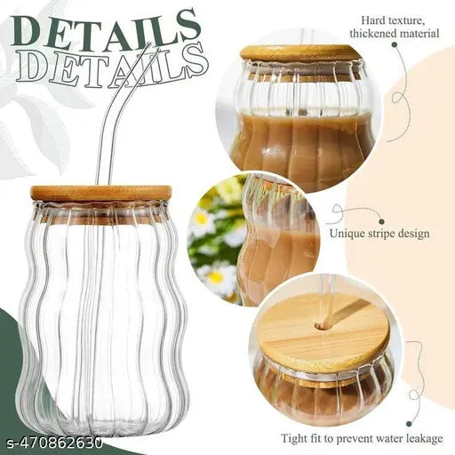 Trending Wave shape coffee glass Tumbler with wooden lid and straw for coffee( pack of 1 )500 ml | ice tea | cocktail | juic e|  cold coffee | smoothies and any other breverages