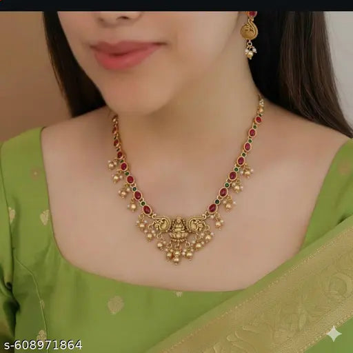 Traditional Temple Jewellery Gold Plated Necklace Set with Ruby Stones & Pearls