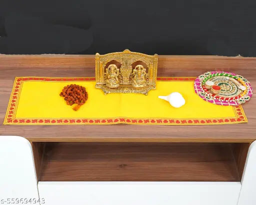 Velvet Aasan Mat | Pooja Aasan Mat | Golden Lace Satya  Prayer Mat | Traditional Chowki Prayer Mat |Size : 30 x 10 Inch|Pack Of 2 (Yellow)