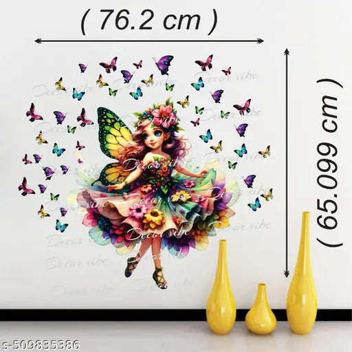 Trendy Fairy Surrounded by Colorful Butterflies in Bright Artistic Scene Wall Decoration Home  Decor Wall sticker Multicolor ( ideal size on wall: 30 x 25.5 Icnh )