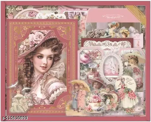 346PCS Vintage Scrapbook Kit Aesthetic Junk Journal Set with Stickers, Washi Tape & A6 Notebook with Decorative Paper Stationery (Retro Queen Pink)