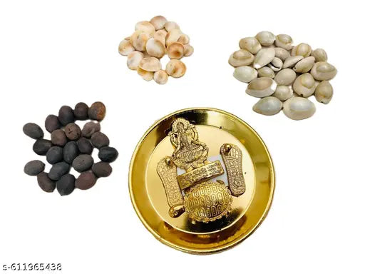 Combo of 3 Kamalgatta, Gomti Chakkra, White Kaudi, Laxmi Mata Metal Plate with Laxmi Foot and Tortoise, Laxmi Mata Pooja Samagri Kit (Pack of 21)