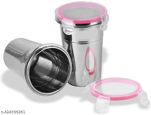 Stainless Steel Airtight, Leak Proof, Frezzer safe and Dust Proof Glass Tumbler with Lid set of 2. Capacity - 400ML, Dia - 7 cm (Each) Glass Set Water/Juice Glass