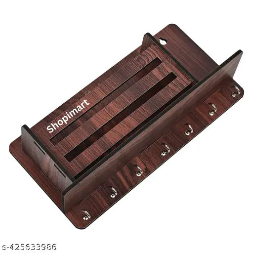 Shopimart Wooden Key Stand for Wall | Key Holder for Home | Office | Key Hanger (7 Hooks, Brown)