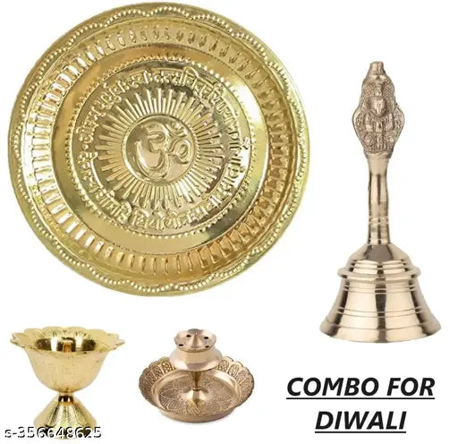 HaridwarDivine | Brass Pooja thali Set 0m Brass Plate   Ghanti |  Agarbatti Stand Devdas Diya | Puja Thali for Diwali Home Mandir Office Wedding Return Gift Items.