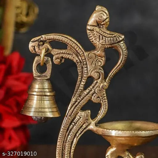KAPER Brass Diya for Pooja Peacock Oil Lamp With Bell Diwali & Festive Decorations Puja Articles and Gift (5.1"x3"x8")