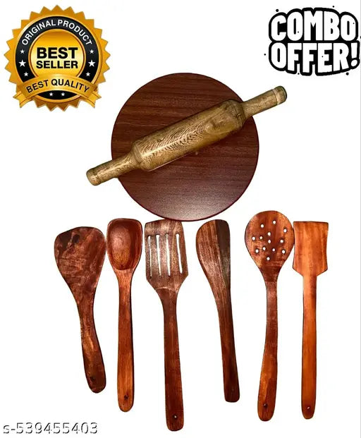 The Complete Wooden Indian Cooking & Serving Ensemble (7-Piece Value Pack): Authentic Chakla & Smooth Belan for Perfect Rotis, Plus 5 Essential Handcrafted Wooden Spoons for Stirring, Serving & Frying - Your Ultimate Traditional Kitchen Starter Set!