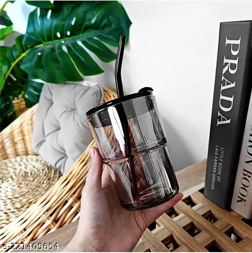 Black Borosilicate 400ml Tumbler with Straw and Leather Sleeve Glass Coffee Mug for Hot and Cold Beverages Office and Travel Mug Use For milk product, coffee, bubble tea, Cold Beverages.