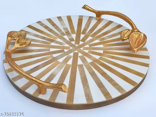 DULI Inlay Work Round Multipurpose Platter/Tray in MDF with Metal Golden Handles| Serving Tray for Home & Dining Table | Multipurpose Tray | Table Top Tray for Fruits (BrownWhiteLines)