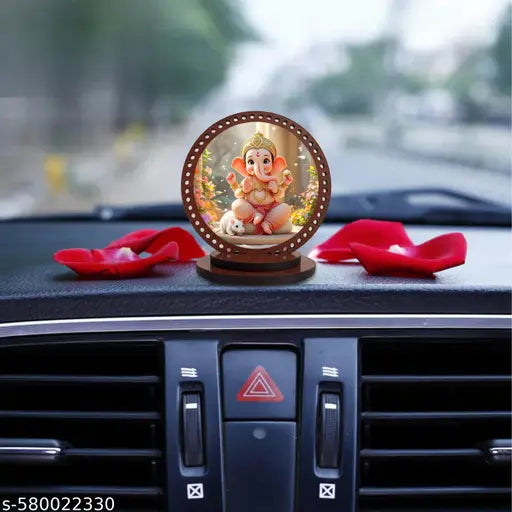 DECOCRU Lord Ganesha Ji Car Dashboard Idol | Wooden Base God Statue | Hindu Religious Showpiece for Car, Home, Office Decoration | Indian Spiritual Gift Item