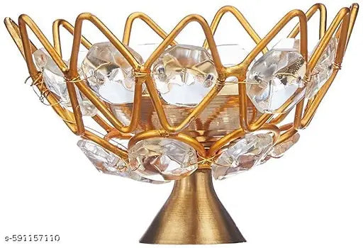 set of 1 Brass Crystal Diamonddiya for Diwali Decoration | Akhand Diya Oil Lamp | Crystal Pooja Deepak for Home Mandir & Festive Decor